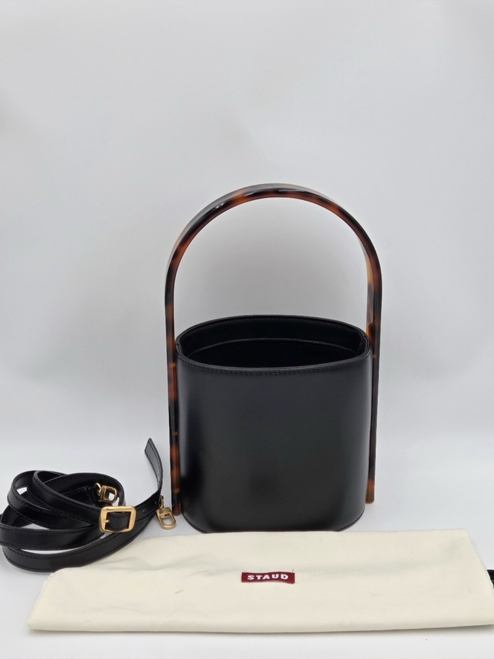 STAUD Moreau Black Leather Bucket Bag Tortoise Handle Crossbody Quiet Luxury - Picture 6 of 12
